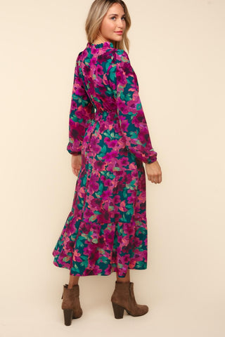 CURVY FLORAL MAXI LENGTH SMOCKED WAIST WOVEN DRESS w/ POCKETS Final Sale