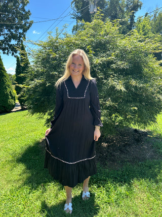 Black Smocked V-Neck Leopard Piping Maxi Dress w/ Pockets