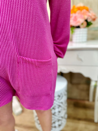 Magenta Long Sleeve Ribbed Collared Jumpsuit