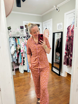 Leopard Print Short Sleeve Top and Pant Pajama Set