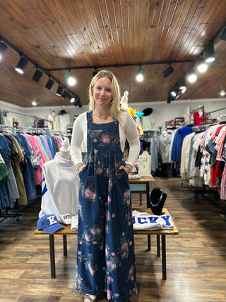 Denim Floral Printed High Waist Jumpsuit