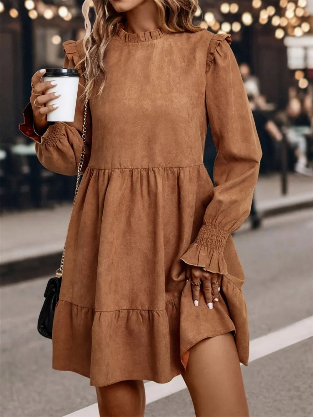 Caramel Frill Round Neck Long Sleeve Mini Dress