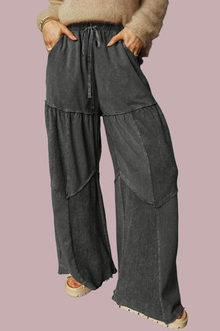 Black Mineral Wash Wide Leg Drawstring Pants