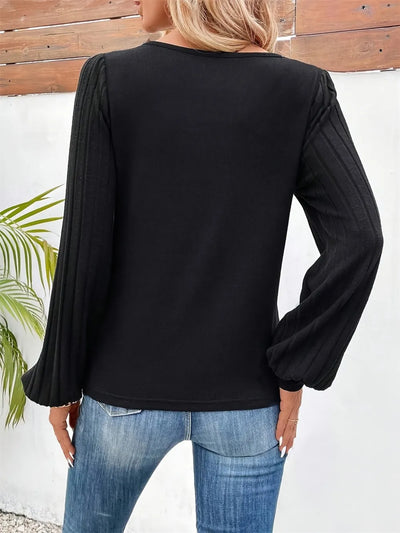 Black Contrast V-Neck Long Sleeve Top