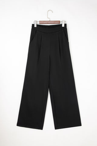 Black Pleated Elastic Waist Straight Pant