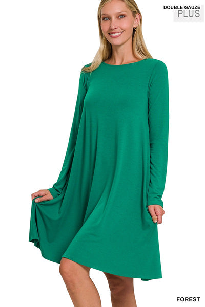 CURVY FOREST LONG SLEEVE FLARE DRESS WITH POCKETS FINAL SALE
