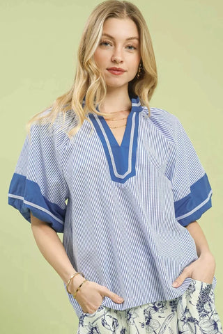 CURVY BLUE STRIPED MIXED PUFF SLEEVE BLOUSE