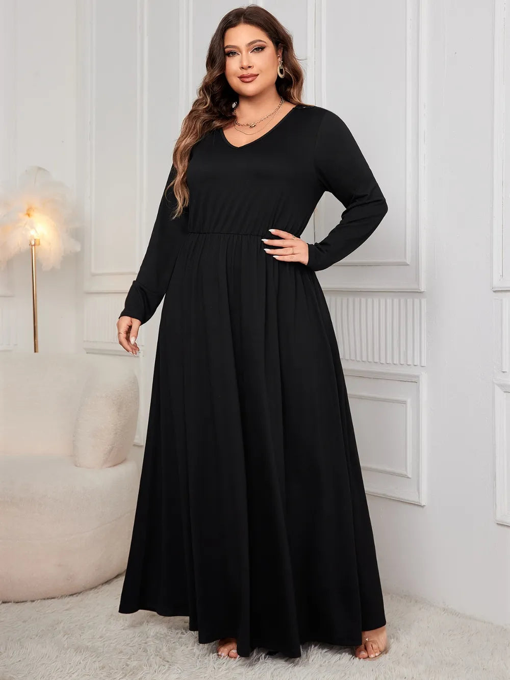 Curvy Black Cutout V-Neck Long Sleeve Maxi Dress