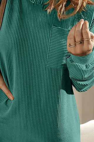Dark Green Textured Round Neck Long Sleeve Mini Dress w Pockets Final Sale