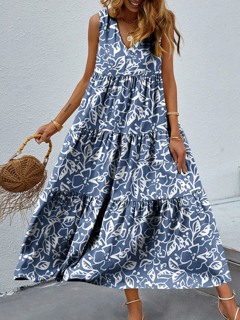 Dusty Blue Tiered Printed V-Neck Sleeveless Dress Final Sale