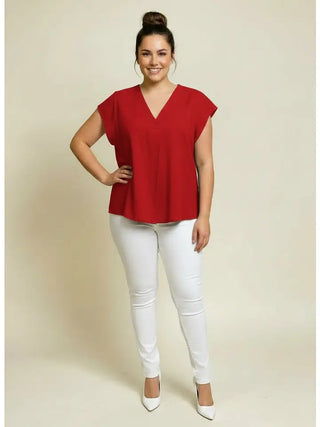 Red Cap Short Sleeve V Neck Top