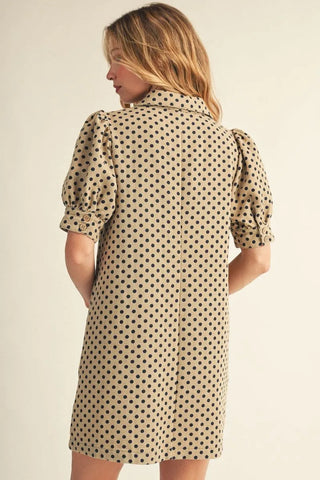 Taupe Short Puff Sleeves Polka Dot Dress with Side Pockets