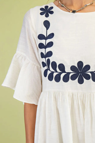 Navy/Ivory Babydoll Mini Dress with a 3/4 Flutter Sleeve and Front Embroidery Detail FINAL SALE