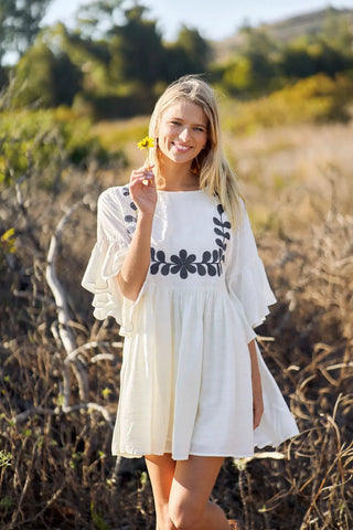 Navy/Ivory Babydoll Mini Dress with a 3/4 Flutter Sleeve and Front Embroidery Detail FINAL SALE