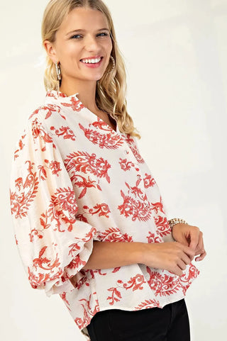 Raspberry Button Down Blouse with 3/4 Length Balloon Sleeves