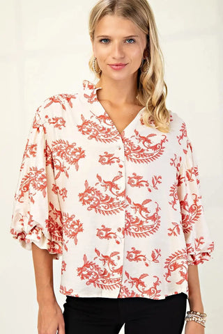 Raspberry Button Down Blouse with 3/4 Length Balloon Sleeves