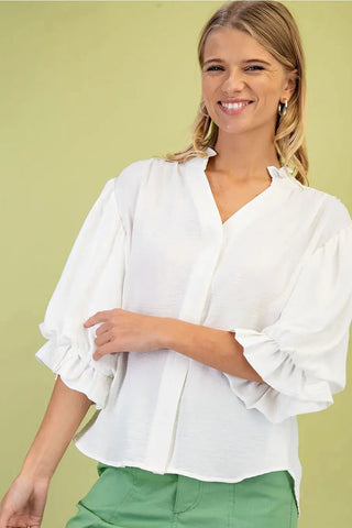 White 3/4 Length Gathered Balloon Sleeve Blouse Final Sale