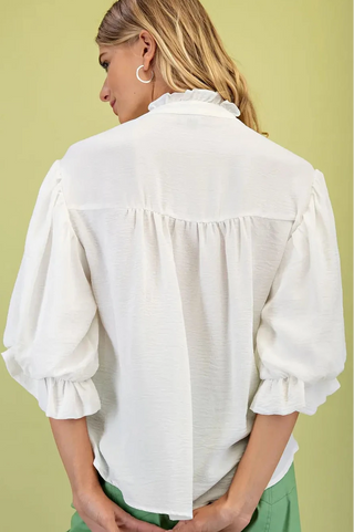 White 3/4 Length Gathered Balloon Sleeve Blouse Final Sale