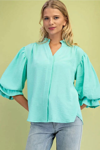 Curvy Emerald 3/4 Length Gathered Balloon Sleeve Blouse FINAL SALE