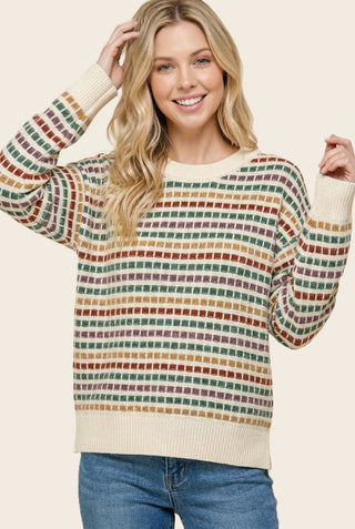 Jade/Rust Multi Color Texture Stripe Crew Neck Sweater