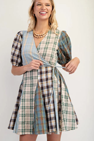 Mint Mixed Check Print Mini Wrap Dress