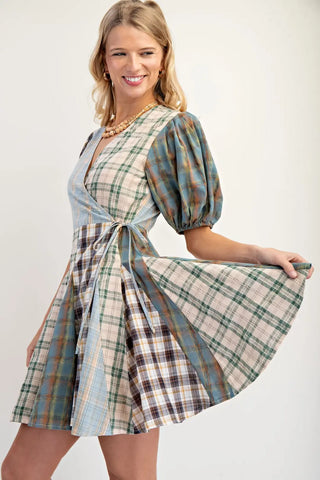 Mint Mixed Check Print Mini Wrap Dress