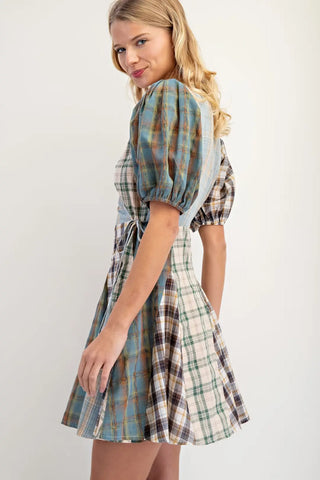 Mint Mixed Check Print Mini Wrap Dress