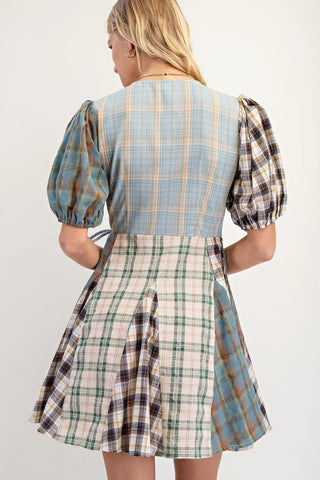 Mint Mixed Check Print Mini Wrap Dress