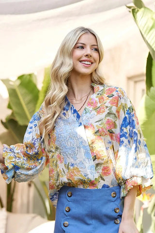 Blue Floral Printed Button Down Top with 3/4 Length Gathered Balloon Sleeves