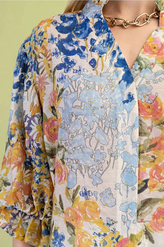 Blue Floral Printed Button Down Top with 3/4 Length Gathered Balloon Sleeves