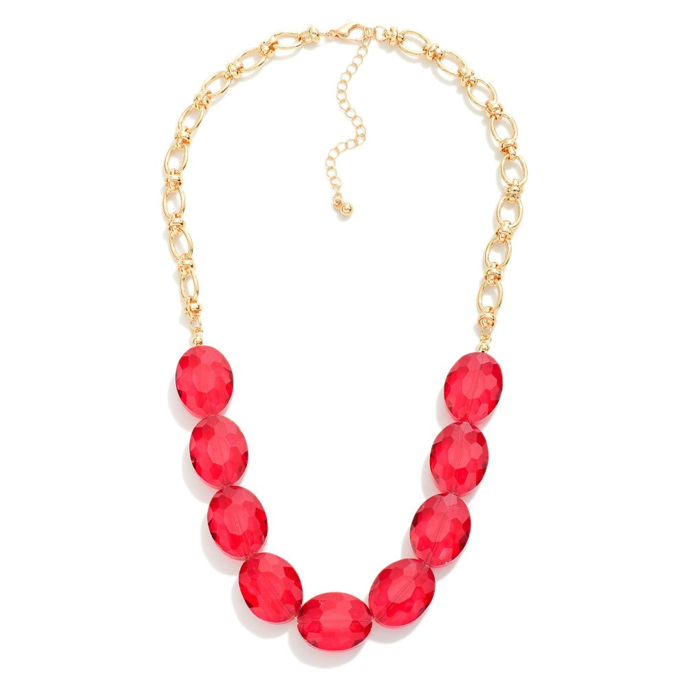 Red Chain Link Necklace Featuring Chunky Faceted Bead Accents