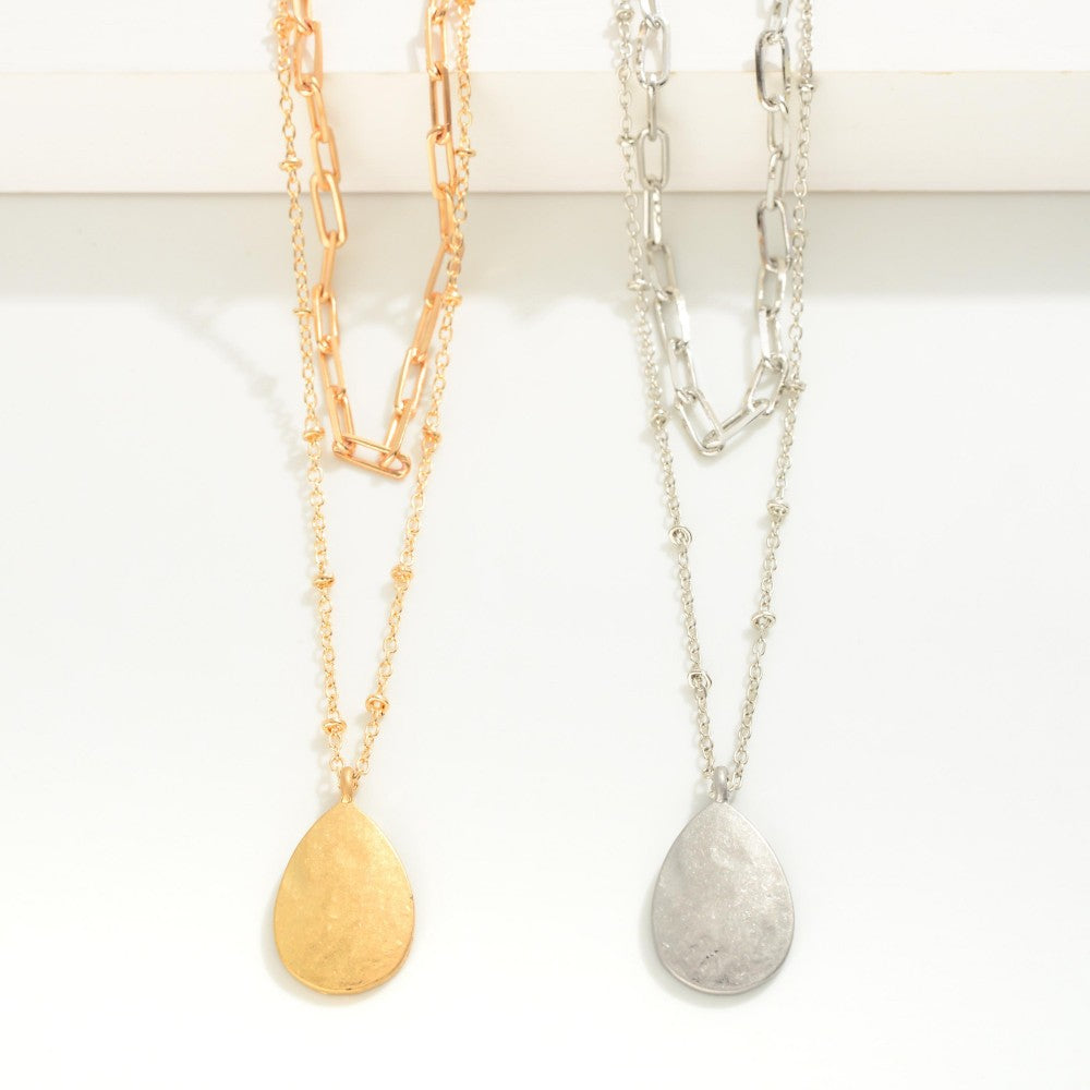 Layered Metal Chain Link Necklace With Simple Teardrop Pendant (2 Colors)