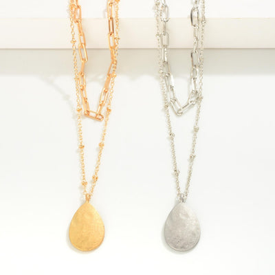 Layered Metal Chain Link Necklace With Simple Teardrop Pendant (2 Colors)