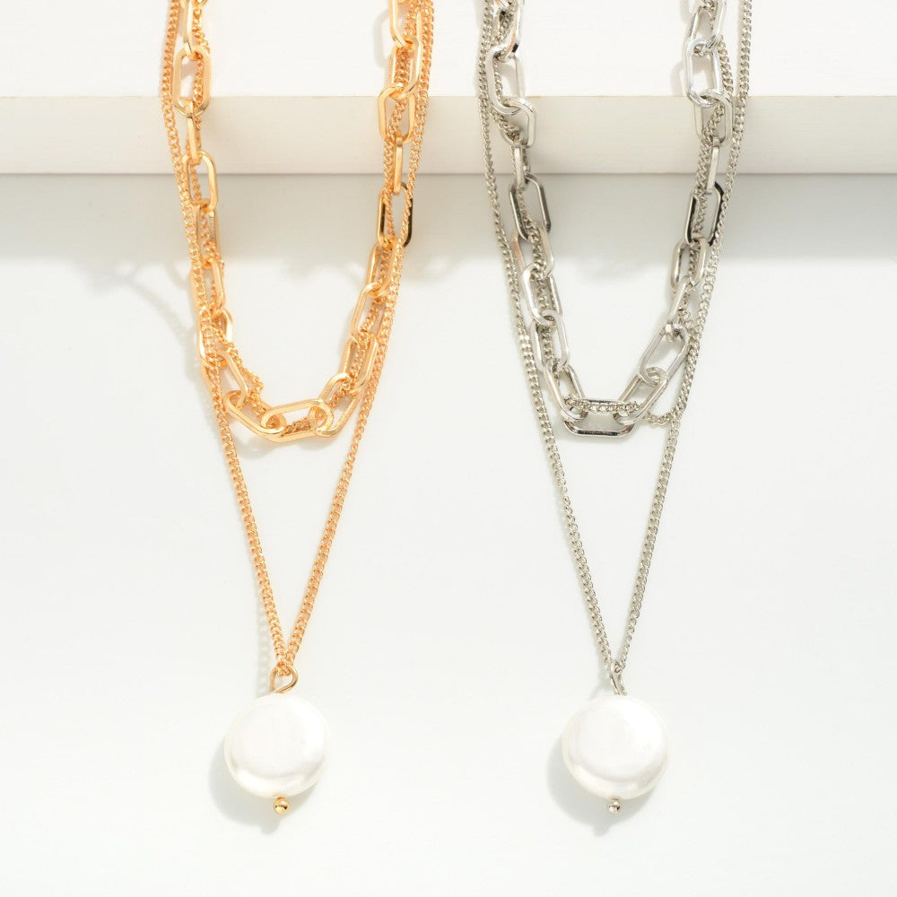 Layered Chain Link Necklace With Simple Pearl Pendant (2 Colors)