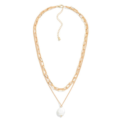 Layered Chain Link Necklace With Simple Pearl Pendant (2 Colors)