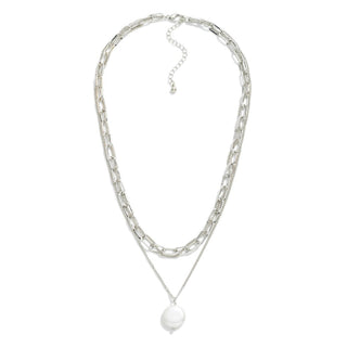 Layered Chain Link Necklace With Simple Pearl Pendant (2 Colors)