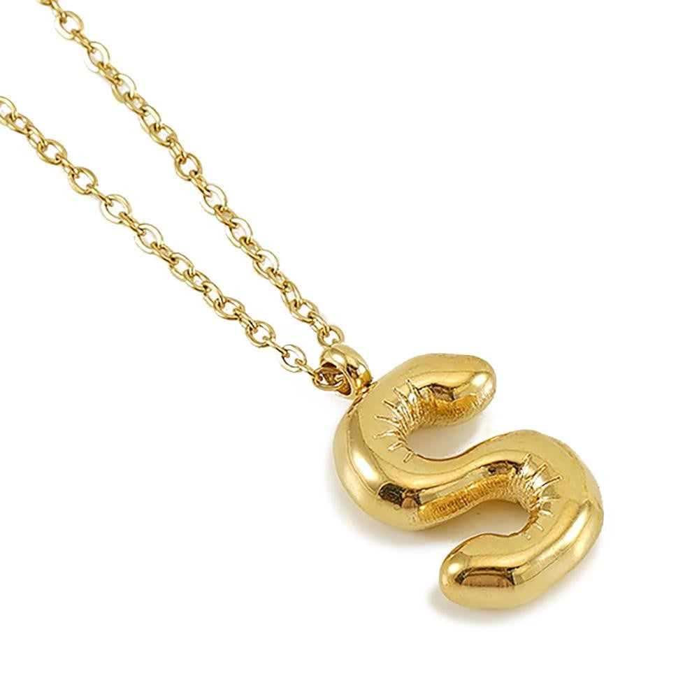 Dainty Stainless Steel Chain Link Necklace Featuring Bubble Balloon Initial Pendant (16 Letters)
