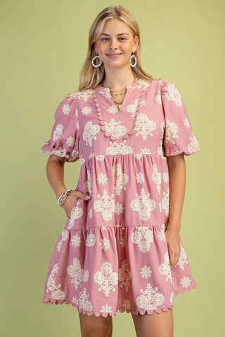 Blush Puff Printed Tiered Mini Dress with Decorative Trim Details Final Sale