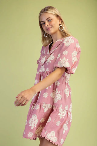 Blush Puff Printed Tiered Mini Dress with Decorative Trim Details Final Sale