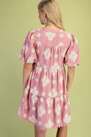 Blush Puff Printed Tiered Mini Dress with Decorative Trim Details Final Sale