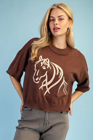 Western Horse Motif Sweater with Elbow Length Sleeves Final Sale