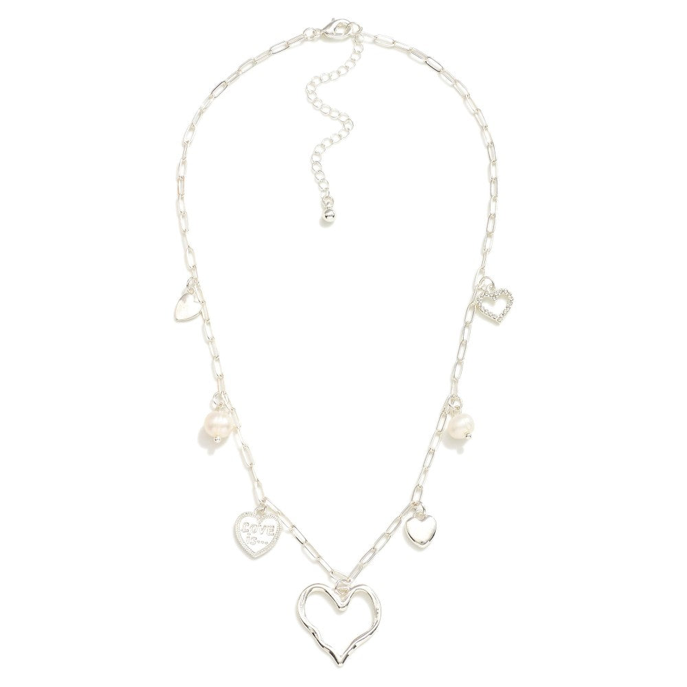 Paperclip Chain Link Charm Necklace Featuring Metal Tone Hearts & Pearls (2 Colors0