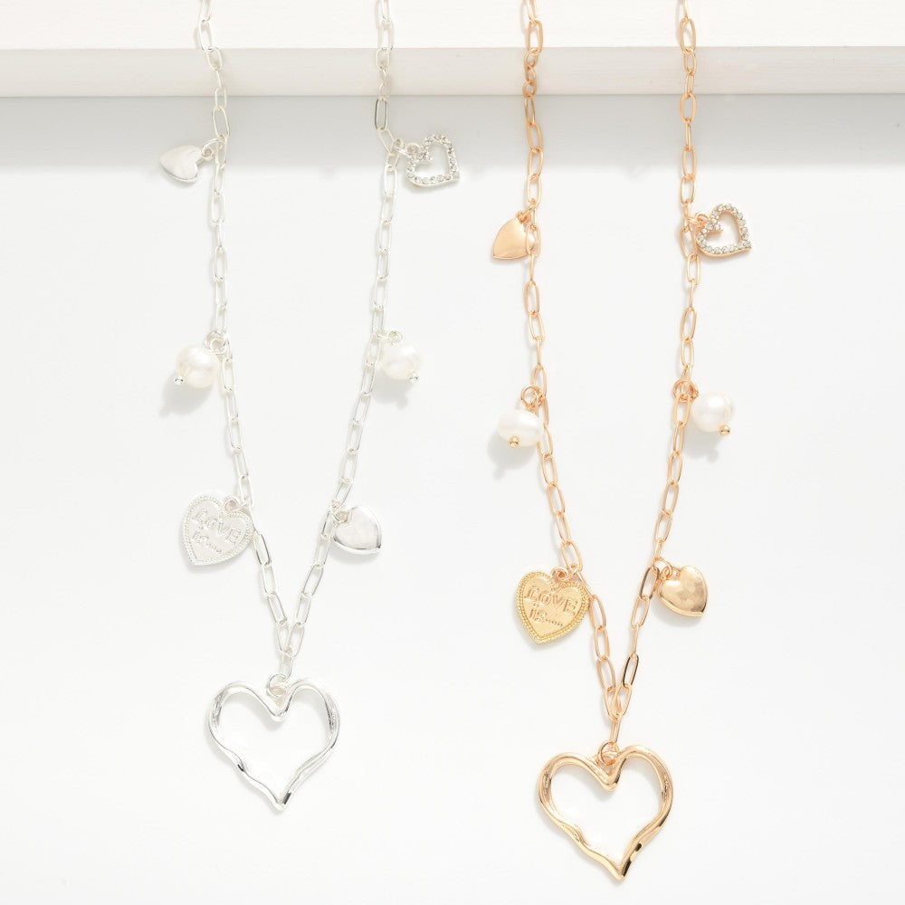 Paperclip Chain Link Charm Necklace Featuring Metal Tone Hearts & Pearls (2 Colors0