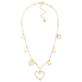 Paperclip Chain Link Charm Necklace Featuring Metal Tone Hearts & Pearls (2 Colors0