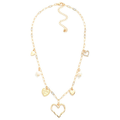 Paperclip Chain Link Charm Necklace Featuring Metal Tone Hearts & Pearls (2 Colors0