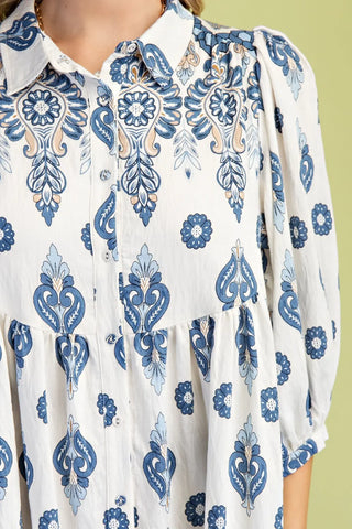 Blue Printed Shirt Dress with 3/4 Length Sleeves w/ Pockets Final Sale
