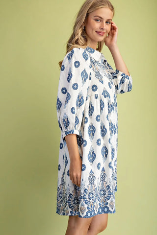 Blue Printed Shirt Dress with 3/4 Length Sleeves w/ Pockets Final Sale