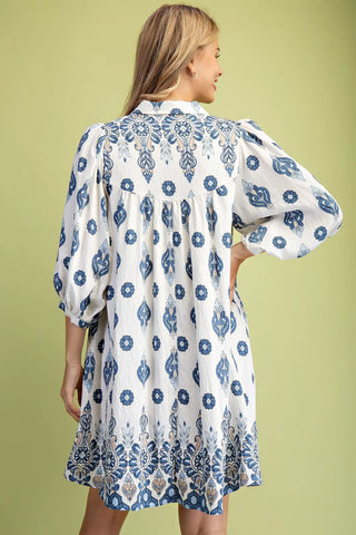 Blue Printed Shirt Dress with 3/4 Length Sleeves w/ Pockets Final Sale