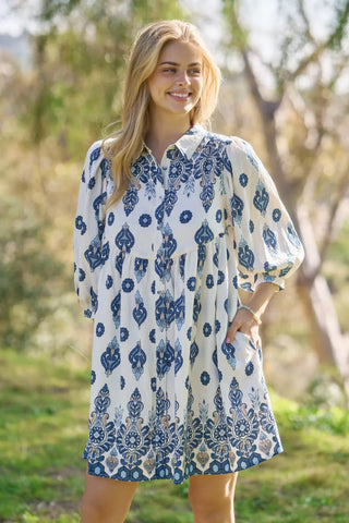 Blue Printed Shirt Dress with 3/4 Length Sleeves w/ Pockets Final Sale