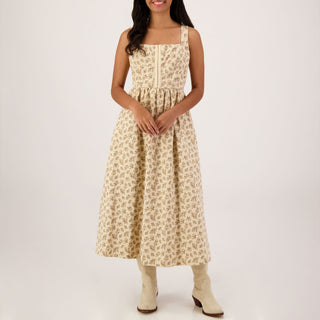 SC SAND FLORAL FRONT HOOK & EYE SLEEVELESS MIDI DRESS FINAL SALE